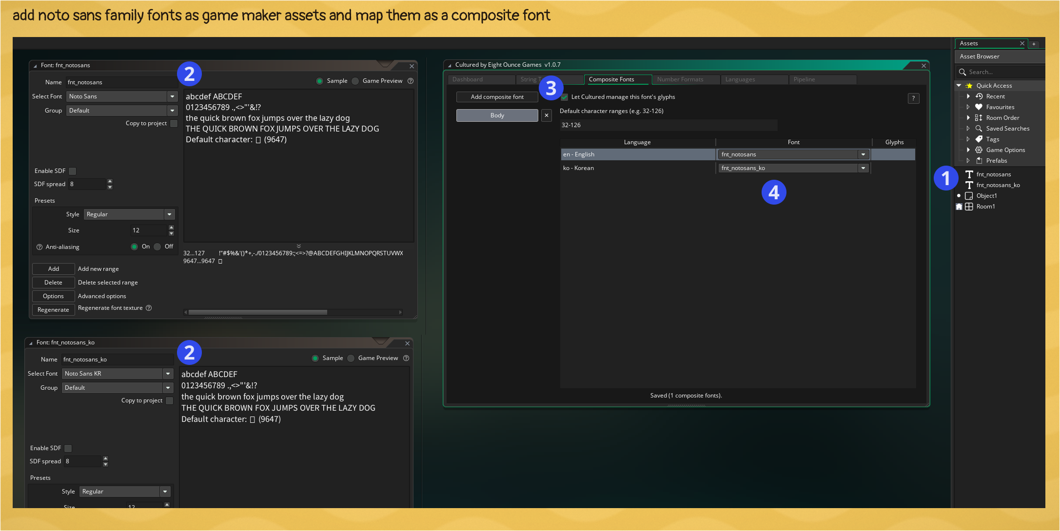 Adding fonts in Game Maker mapping composite fonts in Cultured