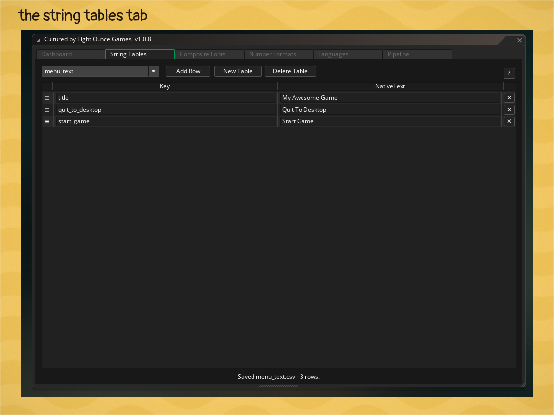The String Table tab in the Cultured Dashboard