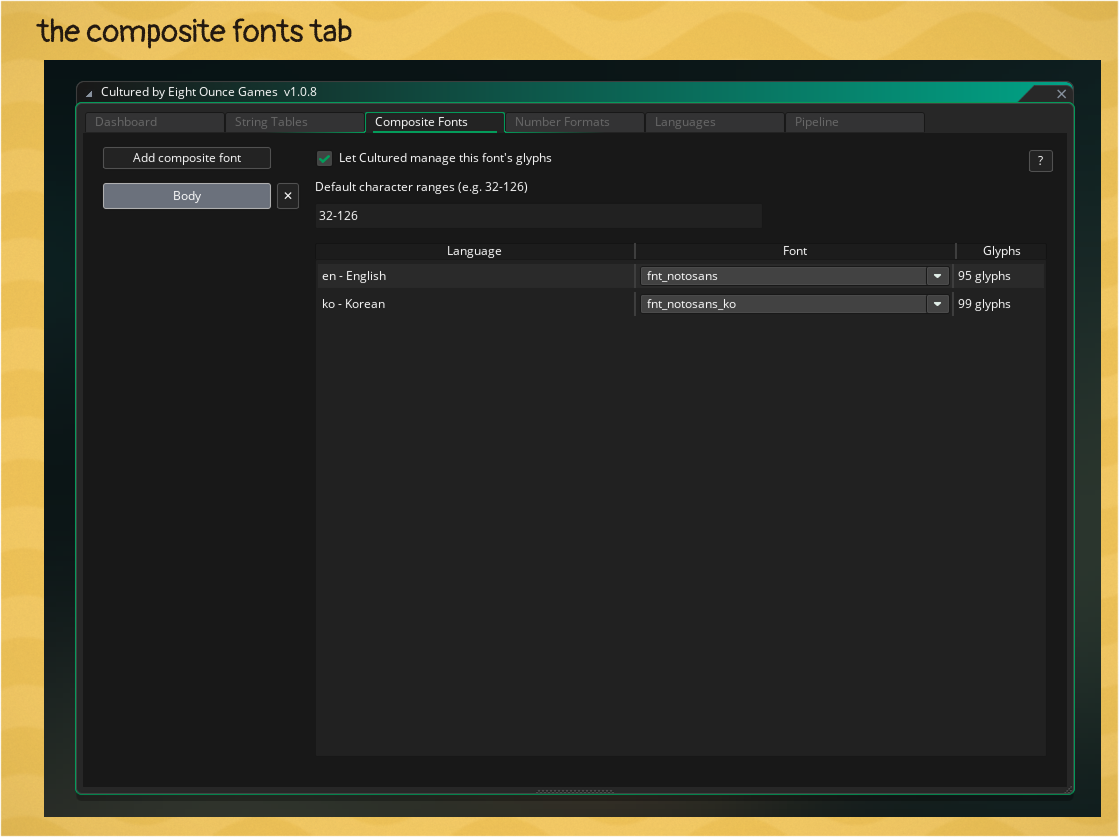 The Composite Font tab in the Cultured Dashboard