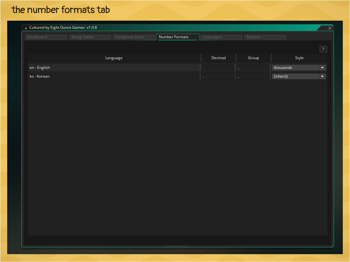 The Number Formats tab in the Cultured Dashboard