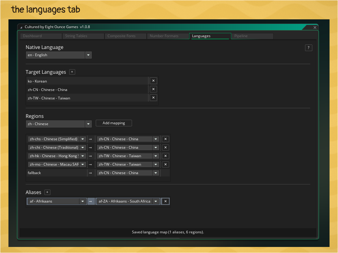 The Languages tab in the Cultured Dashboard