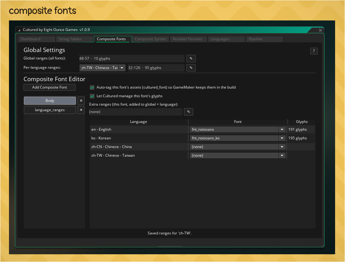 The Composite Font tab in the Cultured Dashboard