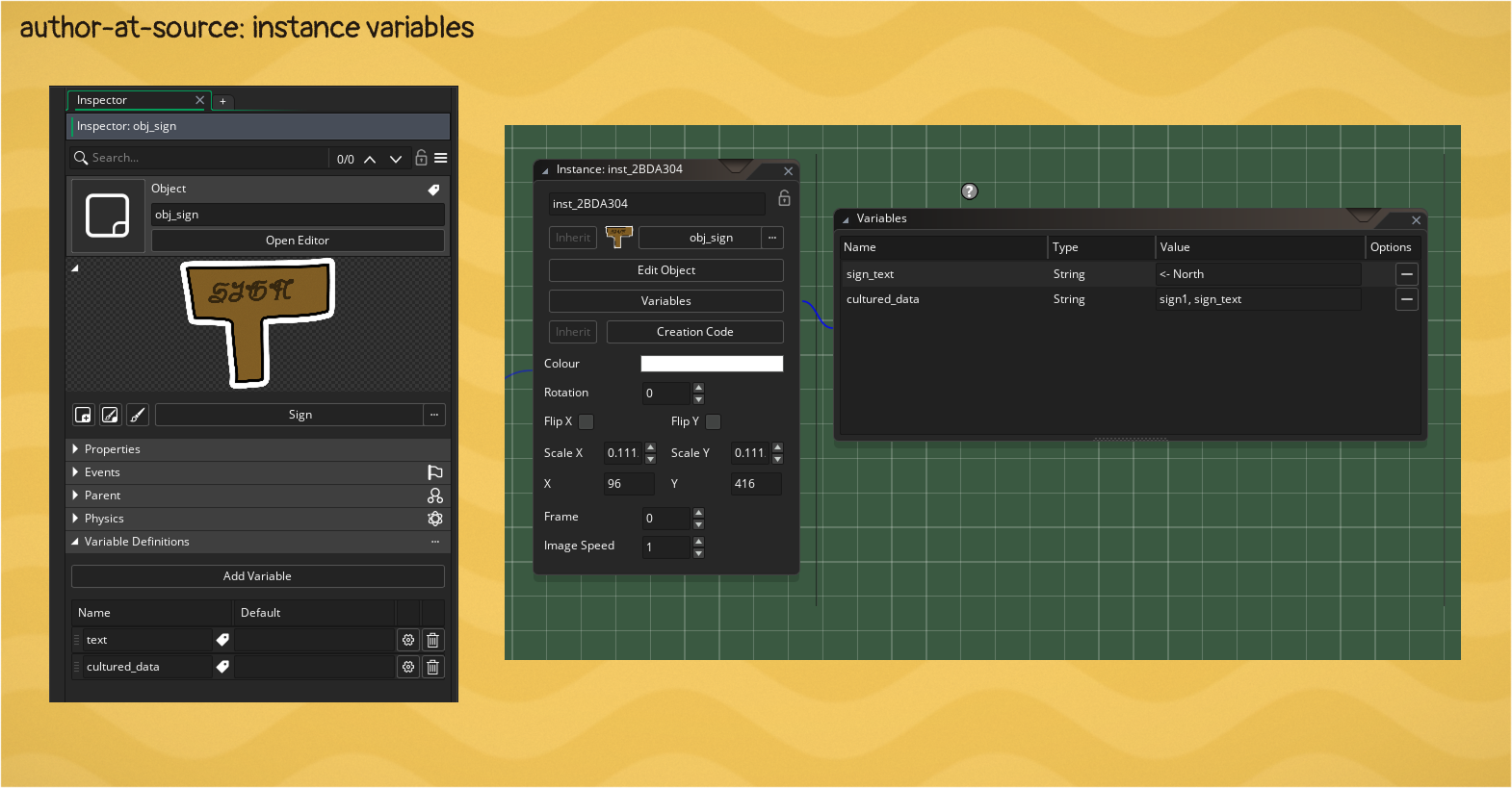This image shows an object with instance variables that are ready to be translated and shown in game.