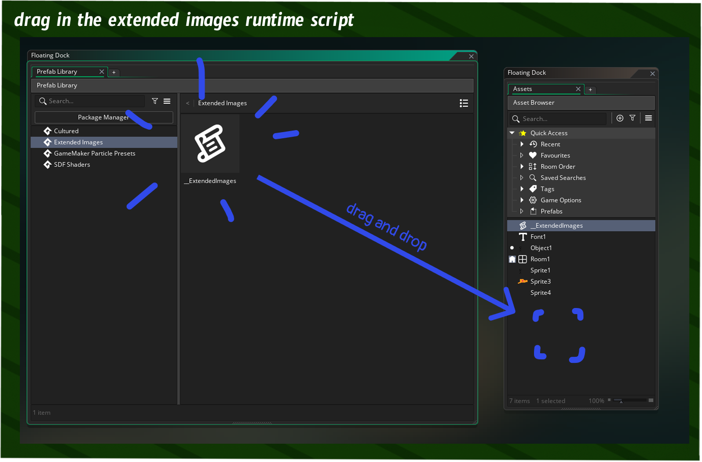 Drag and drop the Extended Images gml from Windows -> Prefab Library to your Asset Browser